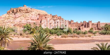 Panorama of fortified village and palm trees, Ait Benhaddou, Morocco Stock Photo