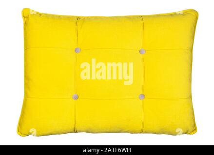 Yellow and clean pillow isolated on white background with clipping path. Close-up of yellow pillow isolated on a white background. Pillow for sleeping Stock Photo