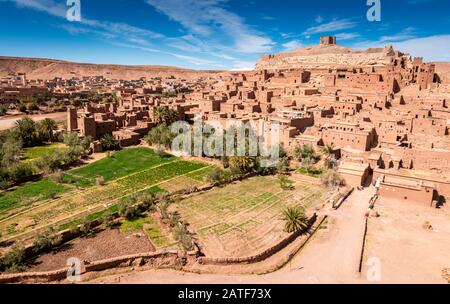 Fortified village and palm trees, Ait Benhaddou, Morocco Stock Photo
