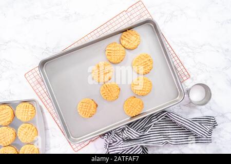 Flat Lay. Freshly Baked Peanut Butter Cookies On A Baking Sheet Stock 