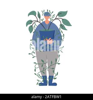 Plant lover concept. Happy person wearing in cozy clothes and hat holding in hands indoor tree and surrounded by vine isolated on white background. Pl Stock Vector