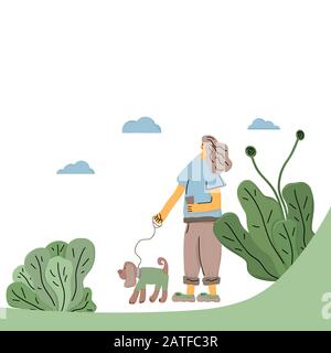 Dog walker. Owner walking with her pet. Girl keeps the dog on the leash. Vector illustration. Stock Vector