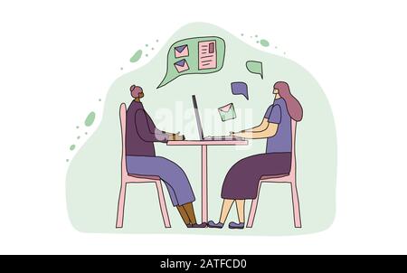 Mentoring concept. Colleagues sitting at the desk and working. Young persons  talking about career. Two female coworkers discussing about skills devel Stock Vector