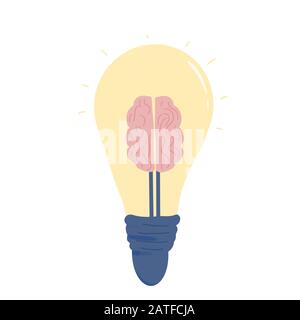 Idea concept. The light bulb with brain sign isolated on white background. Solution symbol. Lamp with mind shap. Creative thought. Vector color flat i Stock Vector