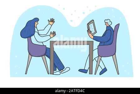 Coworking concept. Two persons sitting in the chair and talking about stratagy. Attractive collegues having a couch session. Mentor and student. Vecto Stock Vector