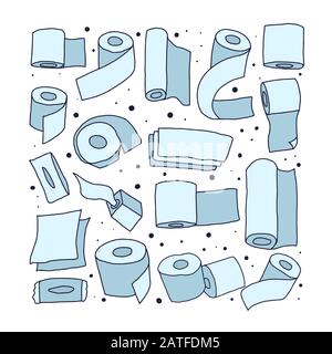 Toilet papers and napkins set isolated on white background. Bath tissues collection. Vector  hand drawn illustration. Stock Vector