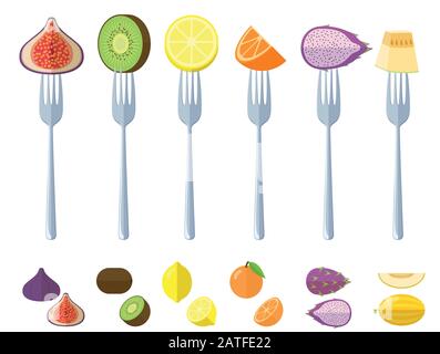 fresh juisy raw fruits on forks Stock Vector