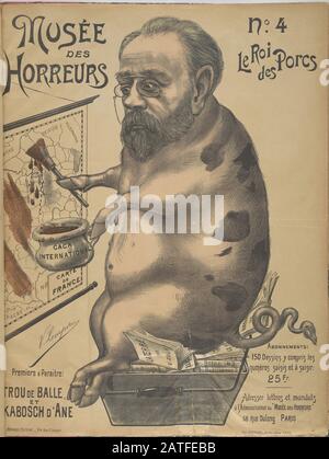 Musée des Horreurs - No. 4 Le Roi des Porcs  - 1899   -  Lenepveu, V.     -  Caricature of writer Émile Zola (1840-1902) as a pig, captioned 'King of Pigs,' sitting on a stack of his novels and painting excrement over the map of France. Zola helped expose the framing of Dreyfus in J'accuse, an open letter published in the Paris newspaper L'Aurore on January 13, 1898. Hand colored. Stock Photo