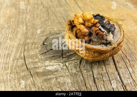 Moldy walnut on wooden table. Unhealthy food. Food mold. Poisonous mold. Storage of nuts. Stock Photo