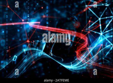 Concept of safety with hacker in a dark environment with digital and network effects Stock Photo