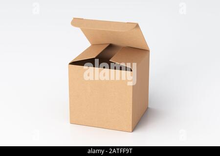 Blank cardboard cube gift box with opened hinged flap lid on white background. Clipping path around box mock up Stock Photo