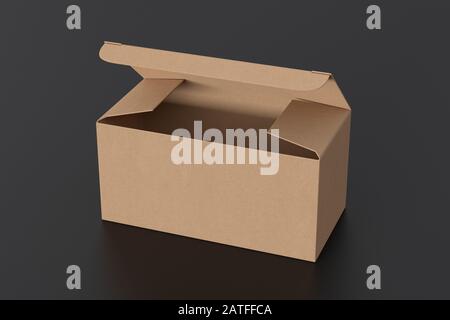 Blank cardboard wide box with opened hinged flap lid on black background. Clipping path around box mock up Stock Photo