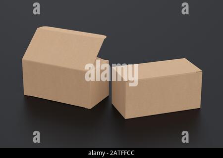 Blank cardboard wide box with open and closed hinged flap lid on black background Stock Photo