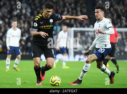 LONDON, ENGLAND - FEBRUARY 2, 2020: Rodrigo Hernandez Cascante of City and Dele Alli of Tottenham pictured during the 2019/20 Premier League game between Tottenham Hotspur FC and Manchester City FC at Tottenham Hotspur Stadium. Stock Photo