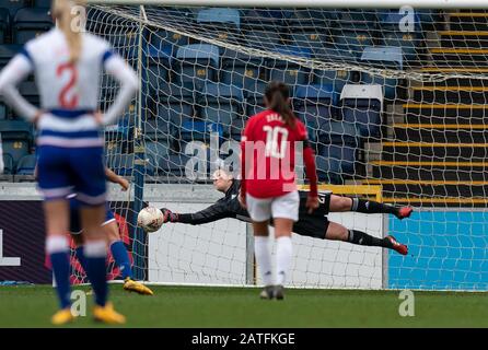 High Wycombe, UK. 02nd Feb, 2020. Goalkeeper Mary Earps of Man Utd Women saves a penalty during the FAWSL match between Reading Women and Manchester United Women at Adams Park, High Wycombe, England on 2 February 2020. Photo by Andy Rowland. Credit: PRiME Media Images/Alamy Live News Stock Photo