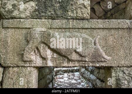 Bas relief of lion devouring head of bull at Lion Gate, Butrint archaeological site, UNESCO World Heritage Site, Albania Stock Photo