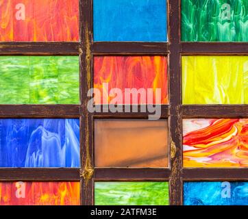 Wooden frame with different bright colorful patterns for background Stock Photo