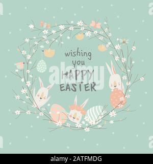 Cartoon Easter wreath with cute rabbits and Ester eggs Stock Vector