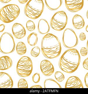 Golden easter eggs and specks, flecks, spots seamless pattern. Free hand drawn gold Easter background. Hand drawn painted eggs and uneven speckles, ch Stock Photo