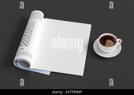 Blank magazine page. Workspace with magazine mock up on the dark wooden desk with cup of coffee. Side view Stock Photo
