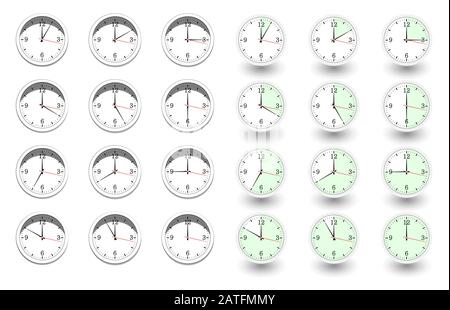 Set of clocks for every hour on white background. Vector illustration in flat style with shadow Stock Vector