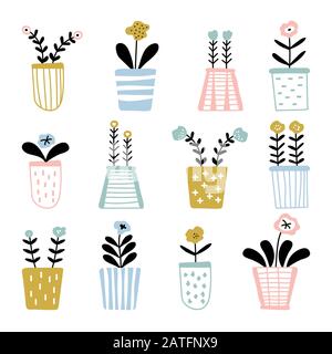Seamless pattern with cute painted potted plants Stock Vector