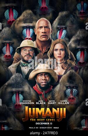 Jumanji: The Next Level (2019) directed by Jake Kasdan and starring Dwayne Johnson, Jack Black, Kevin Hart and Karen Gillan. The old video game malfunctions brings new surprises for the players. Stock Photo