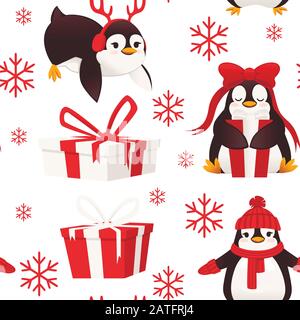 Seamless pattern illustration of penguins with gift boxes and snowflakes cartoon cute animal flat vector illustration Stock Vector