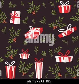 Seamless pattern of paper gift boxes with ribbons and mistletoe flat vector illustration on brown background Stock Vector