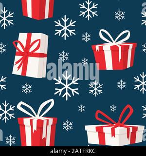 Seamless pattern of paper gift boxes with ribbons and snowflakes flat vector illustration on blue background Stock Vector