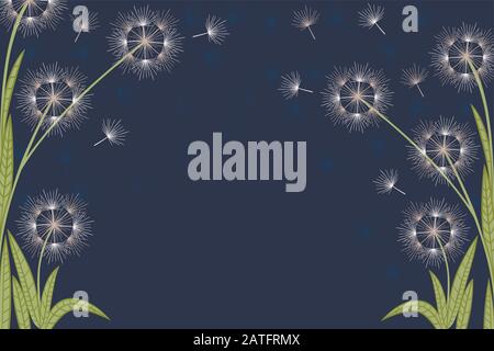 Dandelions flowers with flying seeds on dark blue background flat vector horizontal illustration Stock Vector