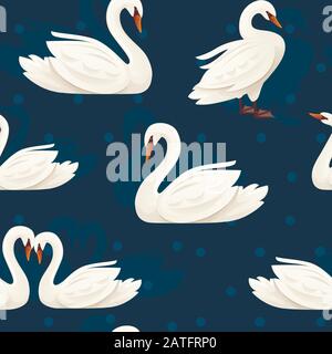 Seamless pattern of white swam bird flat vector illustration on blue background Stock Vector