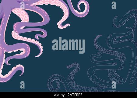 Greetings card for flyer design with purple octopus tentacles horizontal flat vector illustration flat vector illustration on dark background Stock Vector