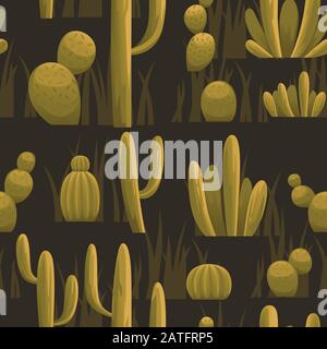 Seamless pattern cacti of different variation flat vector illustration on brown background Stock Vector