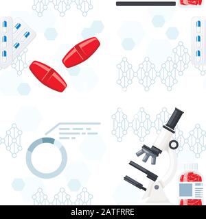 Seamless pattern of medical pharmaceutical items pills microscope and medicine formula flat vector illustration on white background Stock Vector