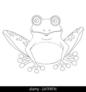Cute smiling outline style frog sitting on ground cartoon animal design flat vector illustration isolated on white background Stock Vector