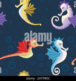 Seamless pattern of sea horses with different skin colors and bubbles cartoon sea animal design flat vector illustration on blue background Stock Vector