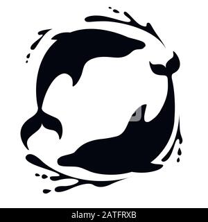 Black silhouette two dolphins playing in the water logo concept design cartoon animal flat vector illustration on white background Stock Vector