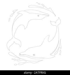 Outline style two dolphins playing in the water logo concept design cartoon animal flat vector illustration on white background Stock Vector