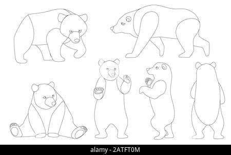 Set of Grizzly bears. North America animal, brown bear. Cartoon animal design. Flat vector illustration isolated on white background outline style Stock Vector