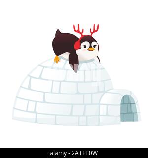 Cute penguin lies on Igloo arctic ice building cartoon animal design flat vector illustration on white background Stock Vector