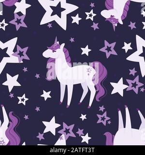 Seamless pattern of Magic mythical animal from fairy tale unicorn cartoon animal design flat vector illustration on dark background Stock Vector