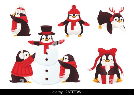 Set of cute penguins dressed in warm winter clothes and building snow man cartoon animal design flat vector illustration Stock Vector