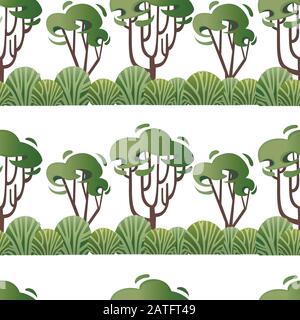 Seamless pattern of green foliage forest modern design with trees and bushes flat vector illustration on white background Stock Vector