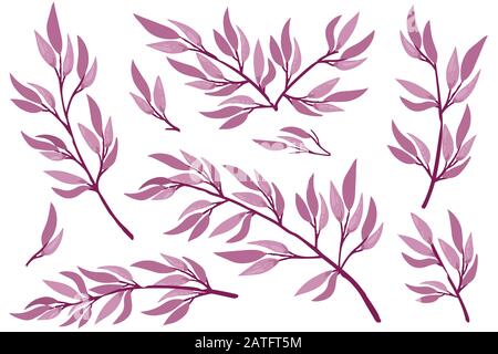 Set of hand drawn tree branches with leaves botanical flowers floral hand drawn scandinavian style art design element flat vector illustration Stock Vector
