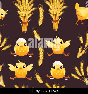 Seamless pattern of cute little cartoon chick with hat from egg shell and without cartoon character design flat vector illustration Stock Vector