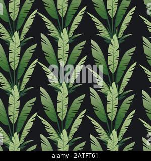 Seamless pattern of tropical leaves exotical jungle leaf vector floral element vector illustration on dark background Stock Vector