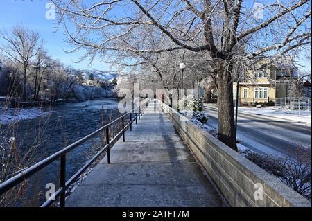 Reno, Nevada - January 17, 2020: Truckee River Walk in early morning after snowstorm. Stock Photo