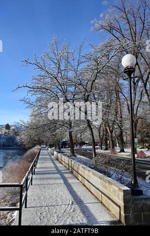 Reno, Nevada - January 17, 2020: Truckee River Walk in early morning after snowstorm. Stock Photo