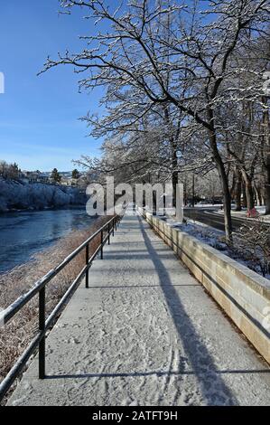 Reno, Nevada - January 17, 2020: Truckee River Walk in early morning after snowstorm. Stock Photo